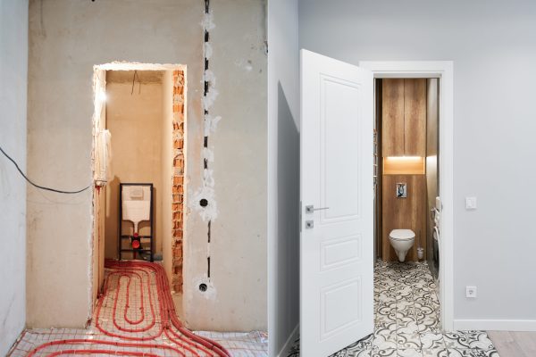 Comparison of bathroom with wall-hung toilet and heated floor before and after refurbishment. Old apartment restroom with underfloor heating pipes and new renovated flat with modern toilet.
